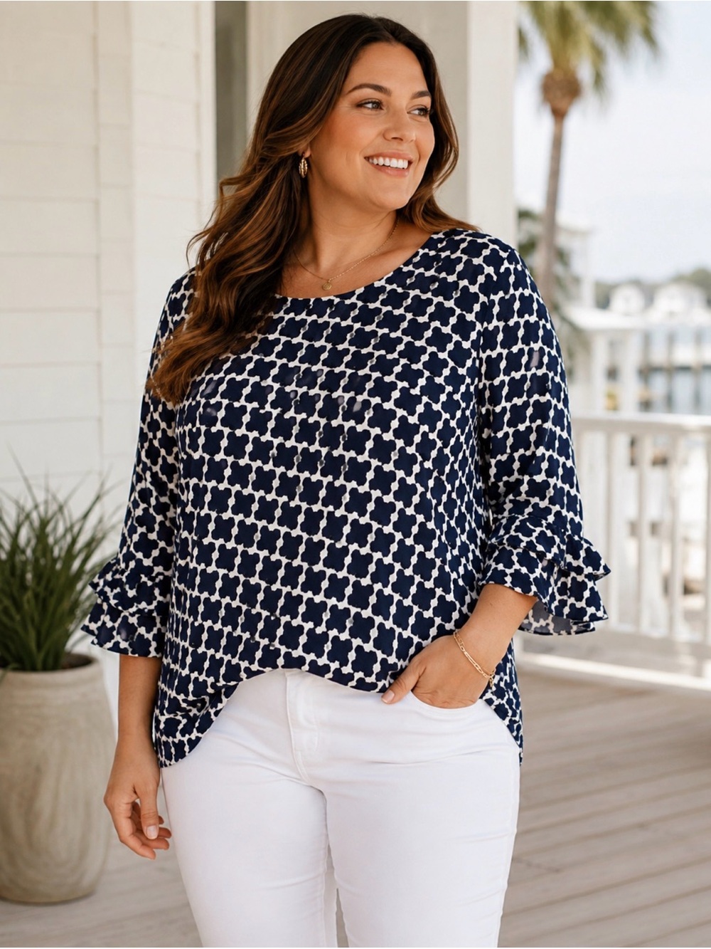 Escapada Navy White Geometric Print Ruffle Sleeve Blouse XL